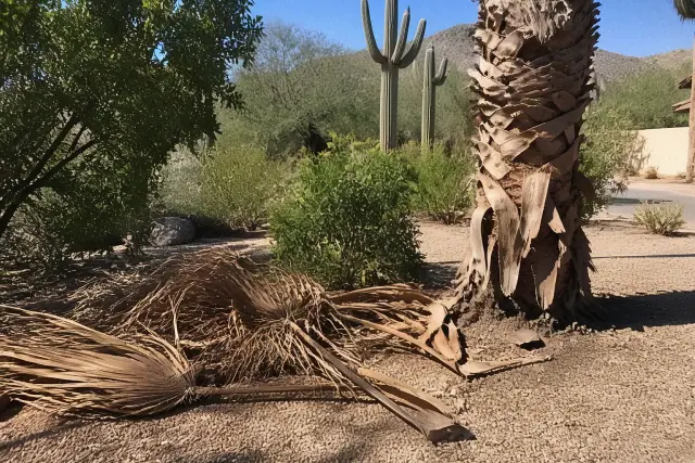 Palm tree trunk with pruned fronds and piles of debris in a Tucson, AZ desert landscape with saguaro cacti.