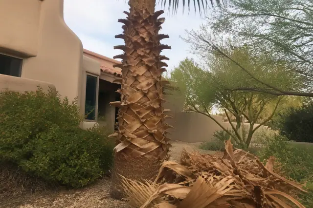 Contractor removing dead palm fronds from a tree trunk during maintenance in Tucson, AZ.