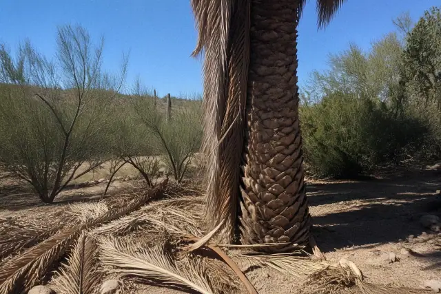 A tall palm tree trunk being cleared of dead fronds with debris at the base in Tucson, AZ.