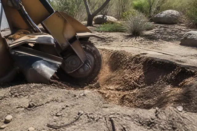 A stump grinder removing a palm tree at a job site in the Sonoran desert in Tucson, AZ.