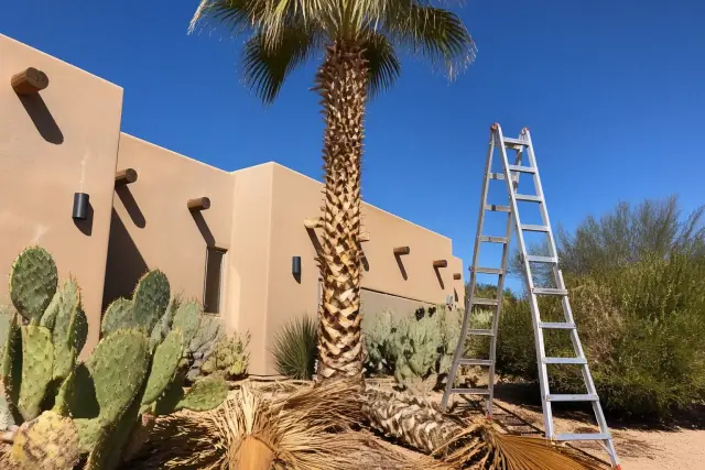 A tall palm tree being trimmed of dead fronds with debris piles in a Tucson, AZ desert yard.