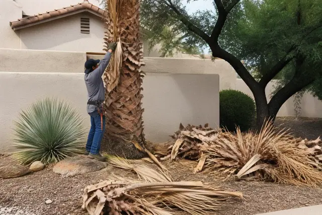 Worker trimming dead fronds from a tall palm tree in a residential yard in Casas Adobes, AZ.