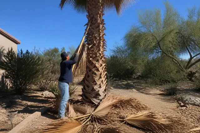 Worker trimming dead palm fronds from a tall tree in a residential yard in Vail, AZ.