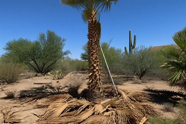 Contractor trimming dead palm fronds from a tall tree in a Sonoran desert landscape in Green Valley, AZ.