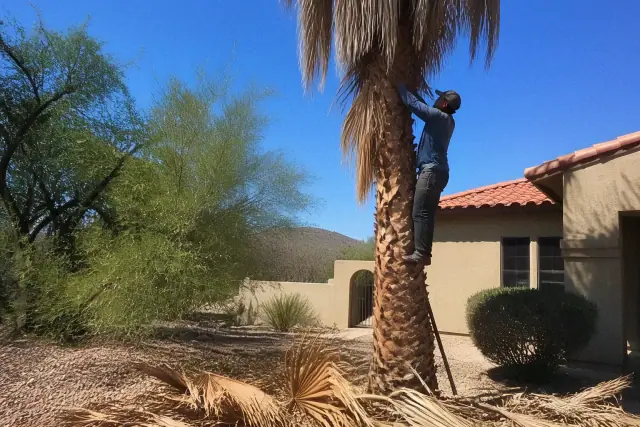 Worker trimming dead fronds from a tall palm tree in a Tucson, AZ residential yard.