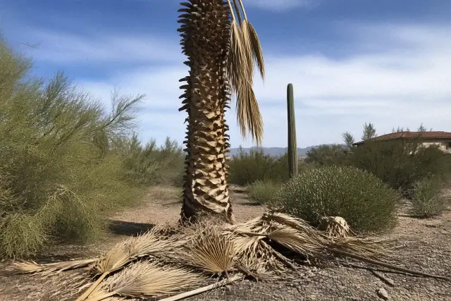 A worker trimming dead fronds from a tall palm tree on a desert property in Catalina, AZ.