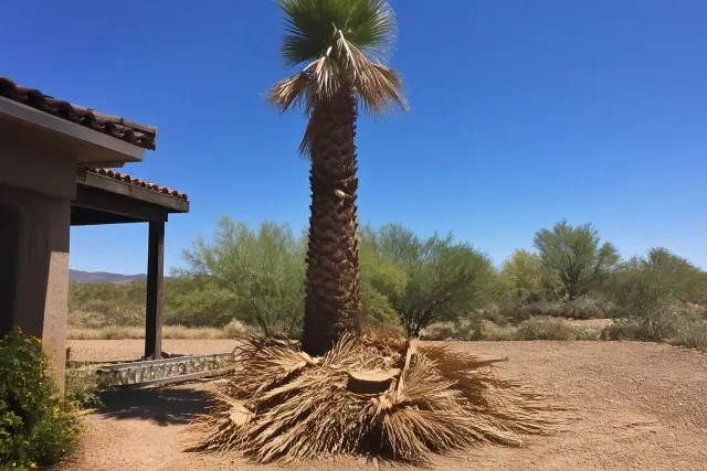 Contractor trimming dead palm fronds at a jobsite in Marana, AZ with discarded branches on the ground.