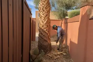Worker tidying palm frond debris near a pruned palm base and prickly pear cactus in a narrow Tucson, AZ yard.