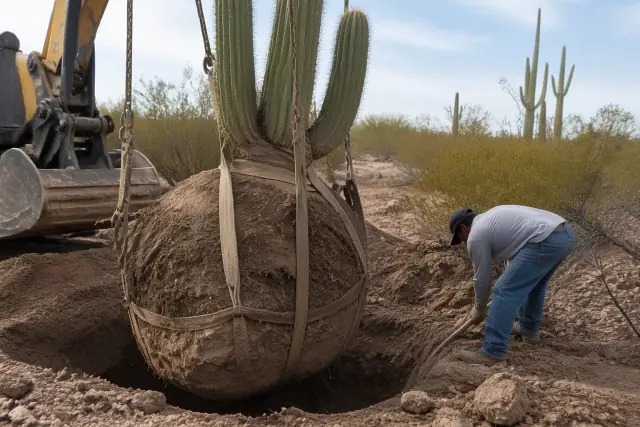 A technician backfilling soil around a saguaro cactus root ball during a relocation project in Tucson, AZ.