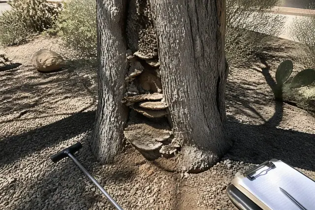 Fungal growth on a tree trunk with a soil probe in a Sonoran desert landscape in Tucson, AZ.