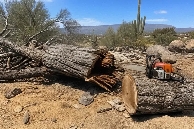 A chainsaw cutting a large fallen tree trunk into logs in a dry desert landscape in Tucson, AZ.