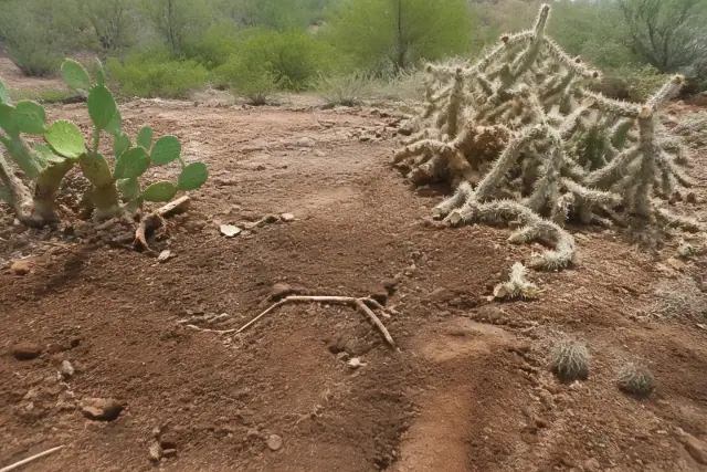 Prickly pear, cholla, and small cacti being cleared from a desert landscape in Tucson, AZ.
