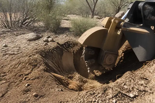 Stump grinder pulverizing a tree stump into mulch in rocky soil in Tucson, AZ.