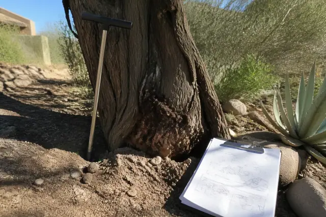 Arborist inspecting a mature mesquite tree with a soil probe and clipboard in Tucson, AZ.