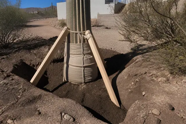 A saguaro cactus base secured with burlap and wooden bracing in a freshly dug pit at a residential site in Tucson, AZ.