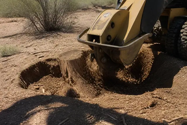 A stump grinder pulverizing a tree stump into mulch in desert soil under bright sunlight in Tucson, AZ.