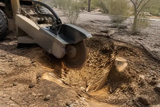 Stump grinder pulverizing a tree stump into mulch in a desert landscape in Tucson, AZ.