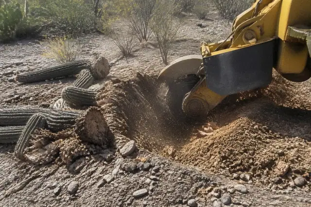 Stump grinder pulverizing a cactus stump into mulch on rocky desert soil in Tucson, AZ.