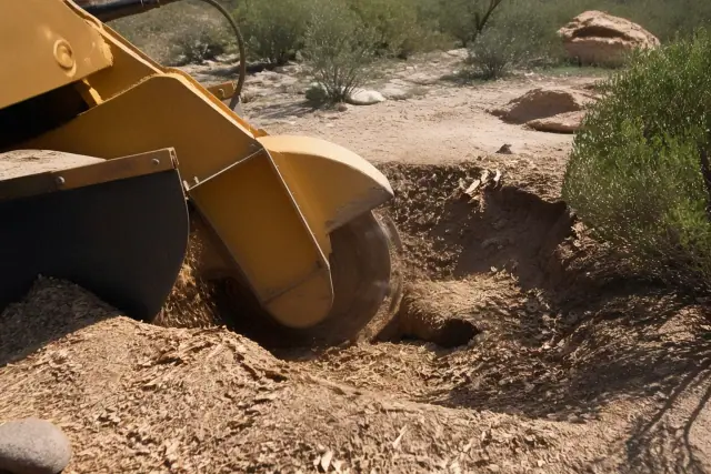 Stump grinder pulverizing a large wooden tree stump into mulch at a worksite in Tucson, AZ, surrounded by desert soil.
