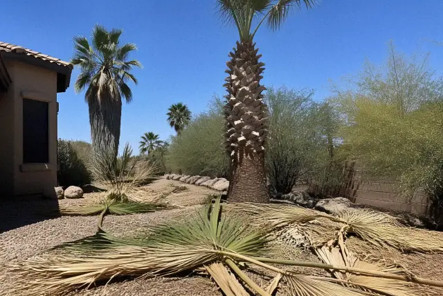 A tall palm tree with trimmed fronds and debris on the ground in a Tucson, AZ residential yard.
