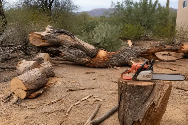 Yard covered in storm debris and a downed tree trunk on a residential property in Tucson, AZ.