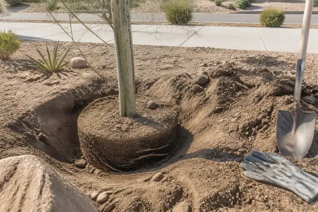 A root ball of a newly planted tree being backfilled with soil in a desert landscape in Tucson, AZ.