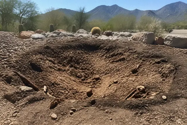 Exposed soil and root debris from stump grinding in Tucson, AZ, with mountain silhouettes in the background.