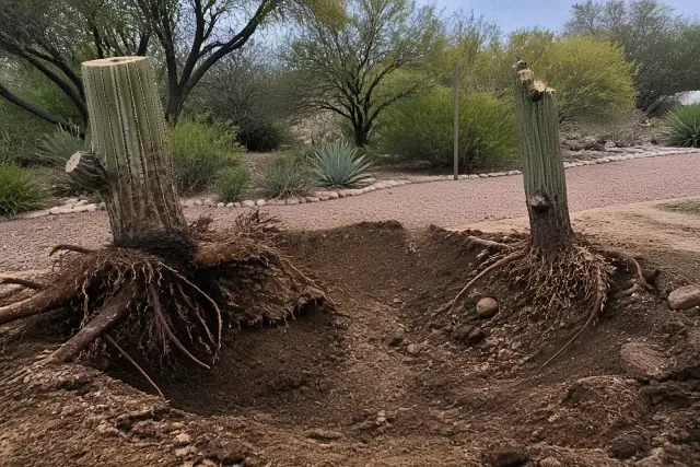 Saguaro and columnar cacti with exposed roots and cleared soil at a job site in Tucson, AZ.