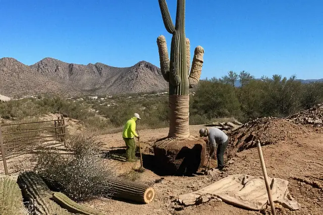 A saguaro cactus being stabilized for removal with burlap wrappings in the foothills of Tucson, AZ.