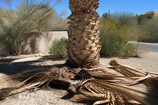 Arborist trimming dead palm fronds at a residential property in Tucson, AZ.