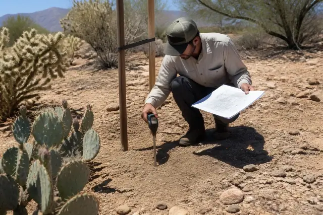 Arborist using a soil probe and field map to assess a planting site in a desert landscape in Tucson, AZ.