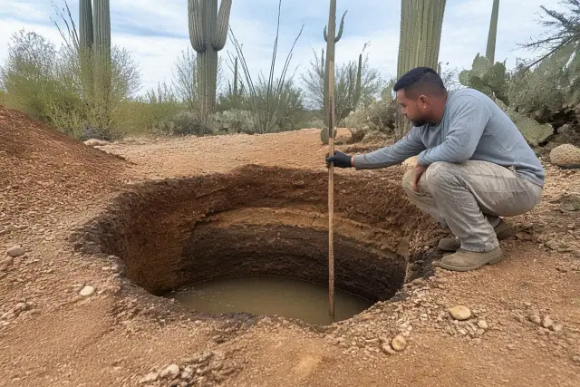 A technician testing soil drainage and preparing a hole for tree planting in a Tucson, AZ desert landscape.