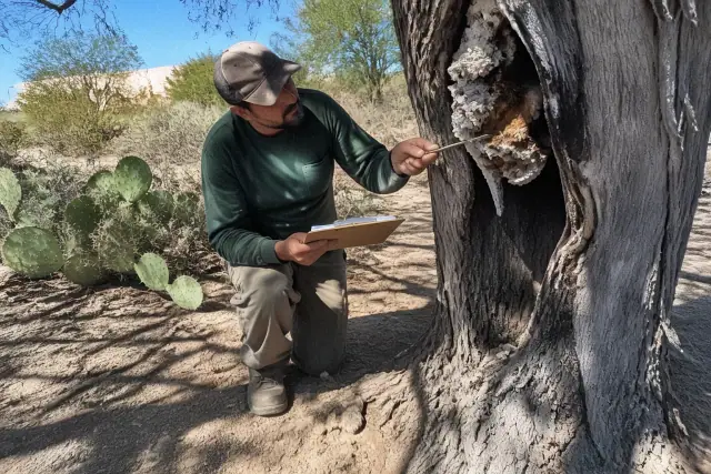 Arborist inspecting tree decay and fungal growth in a Tucson, AZ desert landscape.