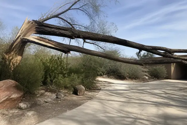 A split mesquite tree trunk hanging above a residential concrete driveway in Tucson, AZ.