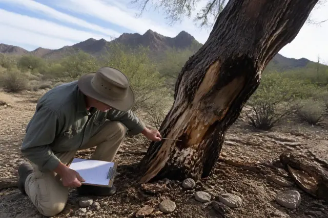 An arborist inspecting trunk decay on a tree at a job site in Tucson, AZ with desert mountains in the background.