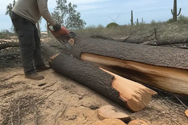 Contractor using a chainsaw to cut a downed tree trunk into logs in a sandy desert landscape in Tucson, AZ.