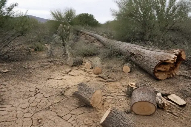 Storm damage cleanup of a fallen tree trunk cut into logs in Casas Adobes, AZ, surrounded by desert scrub and dry soil.