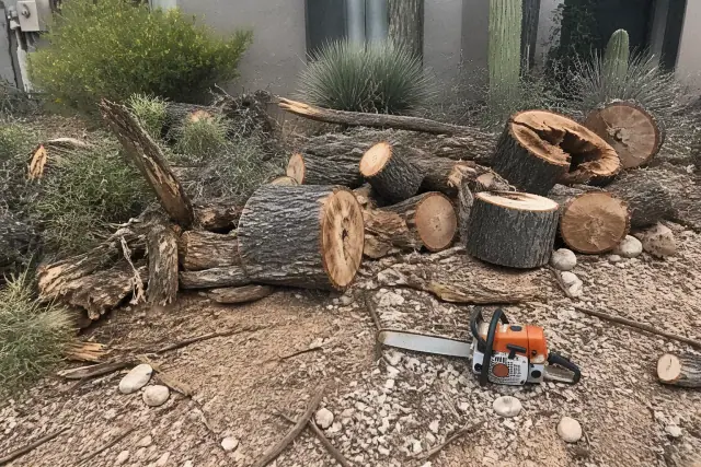 Workers sectioning a fallen tree trunk during storm damage cleanup in Tucson, AZ.