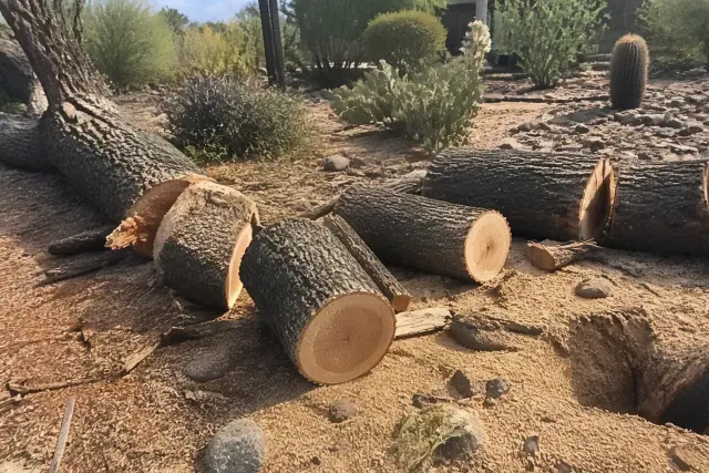 Fallen tree trunk cut into logs at a storm damage cleanup job site in Oro Valley, AZ.