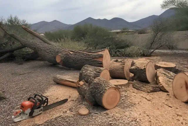 A downed tree trunk being cut into logs during storm damage cleanup in a yard in Green Valley, AZ.