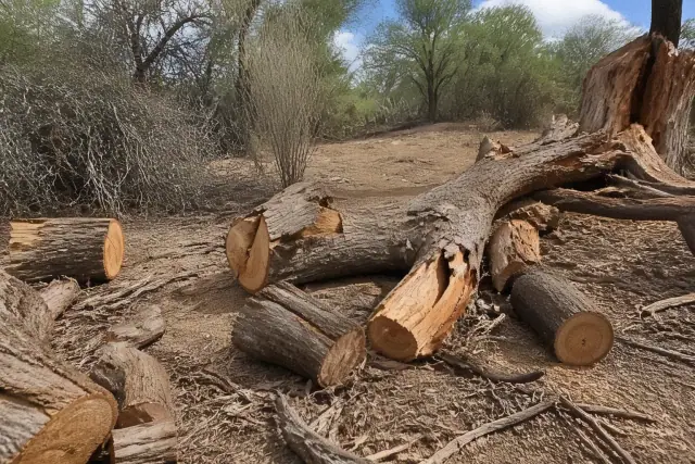 A large, fallen tree trunk being cut into logs during storm cleanup in Flowing Wells, AZ.