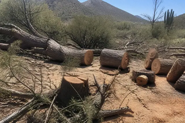 A fallen tree trunk being cut into logs during storm damage cleanup in Catalina, AZ.