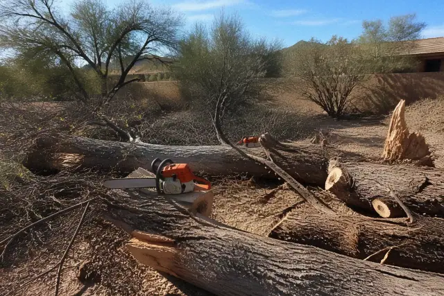 Chainsaws resting on a downed tree trunk during storm damage cleanup in Sahuarita, AZ.