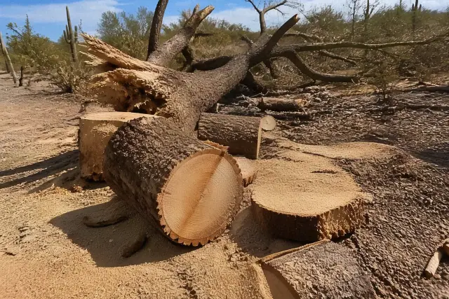 Large split tree trunk being cut into logs amid wood chips and saguaro cacti in Vail, AZ.