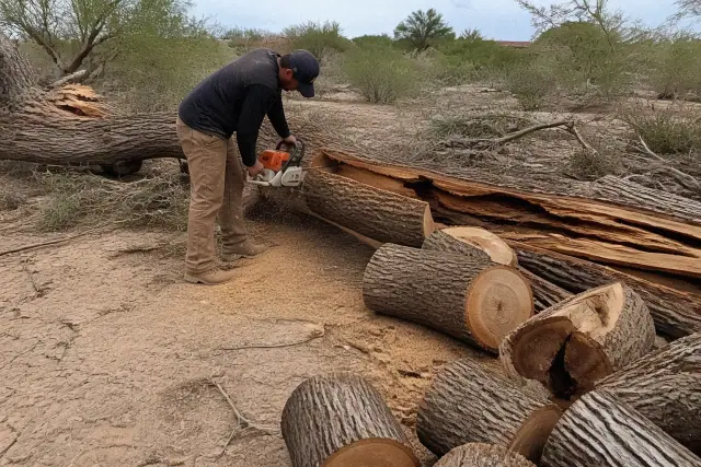 A large tree trunk split by a storm being cut into logs on arid ground in Marana, AZ.