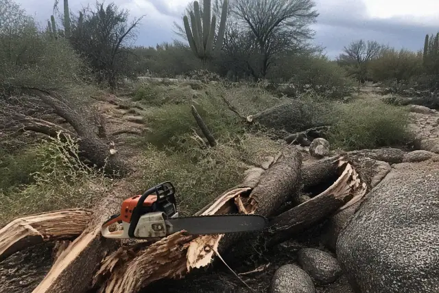 Chainsaw resting on a split tree trunk during storm damage cleanup in Catalina Foothills, AZ.