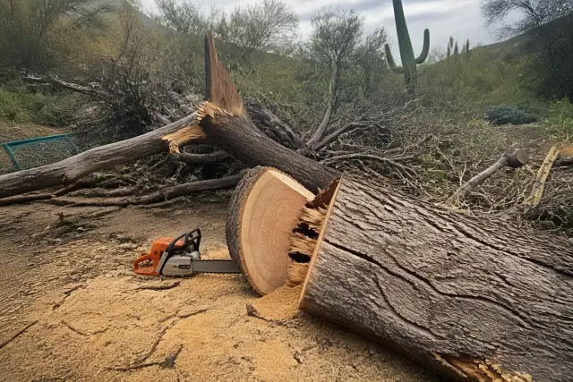 Large tree trunk being cut into logs during storm damage cleanup in Tanque Verde, AZ.