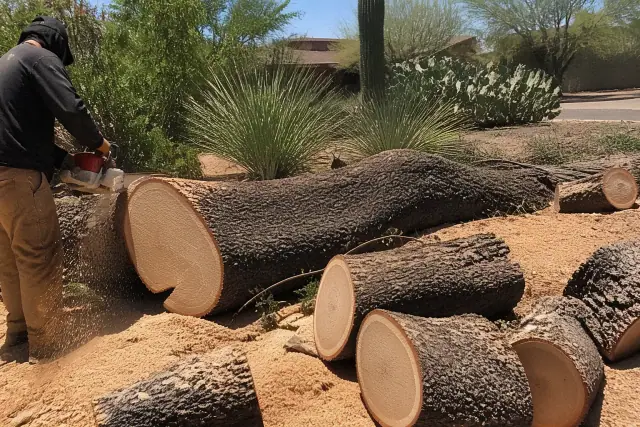 A fallen tree trunk being cut into logs during storm-damage cleanup in Tucson, AZ.
