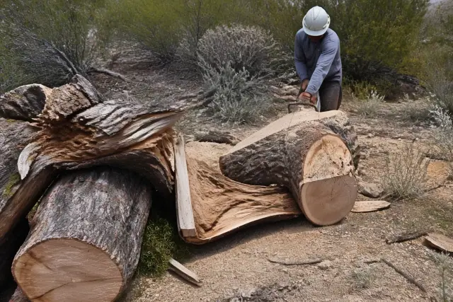 A large downed tree trunk being cut into logs on rocky desert ground in Tucson, AZ.