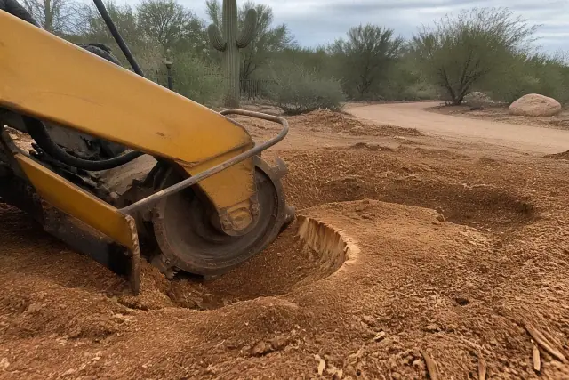 Stump grinder pulverizing a wooden tree stump into mulch in a Tucson, AZ desert landscape with saguaro cacti.